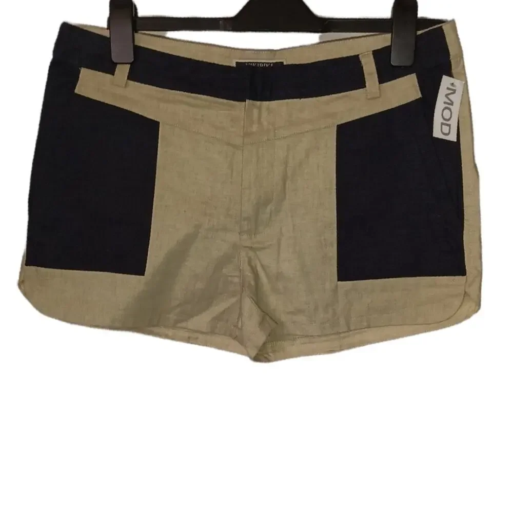 Nikibiki Linen Blend Colorblock Shorts Tan Navy Women’s Size L - Picture 2 of 5
